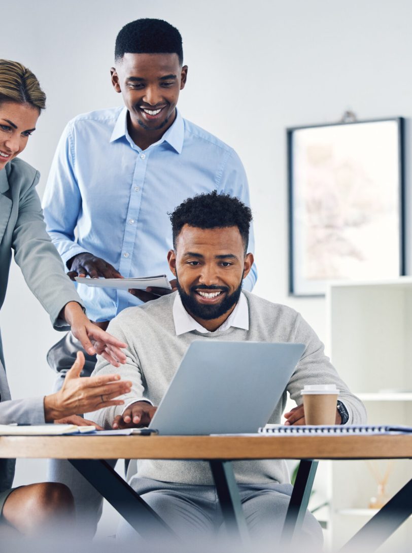 Laptop ppt presentation, business meeting and team working on review for new digital website design, planning group marketing strategy. Diversity corporate people in collaboration for online project.